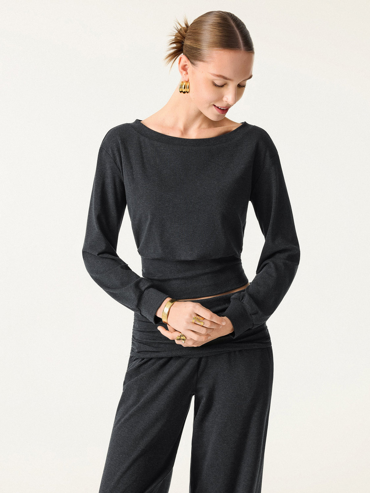 OGLmove Women's Boatneck Bra & Wide Leg Pants Set with Pockets