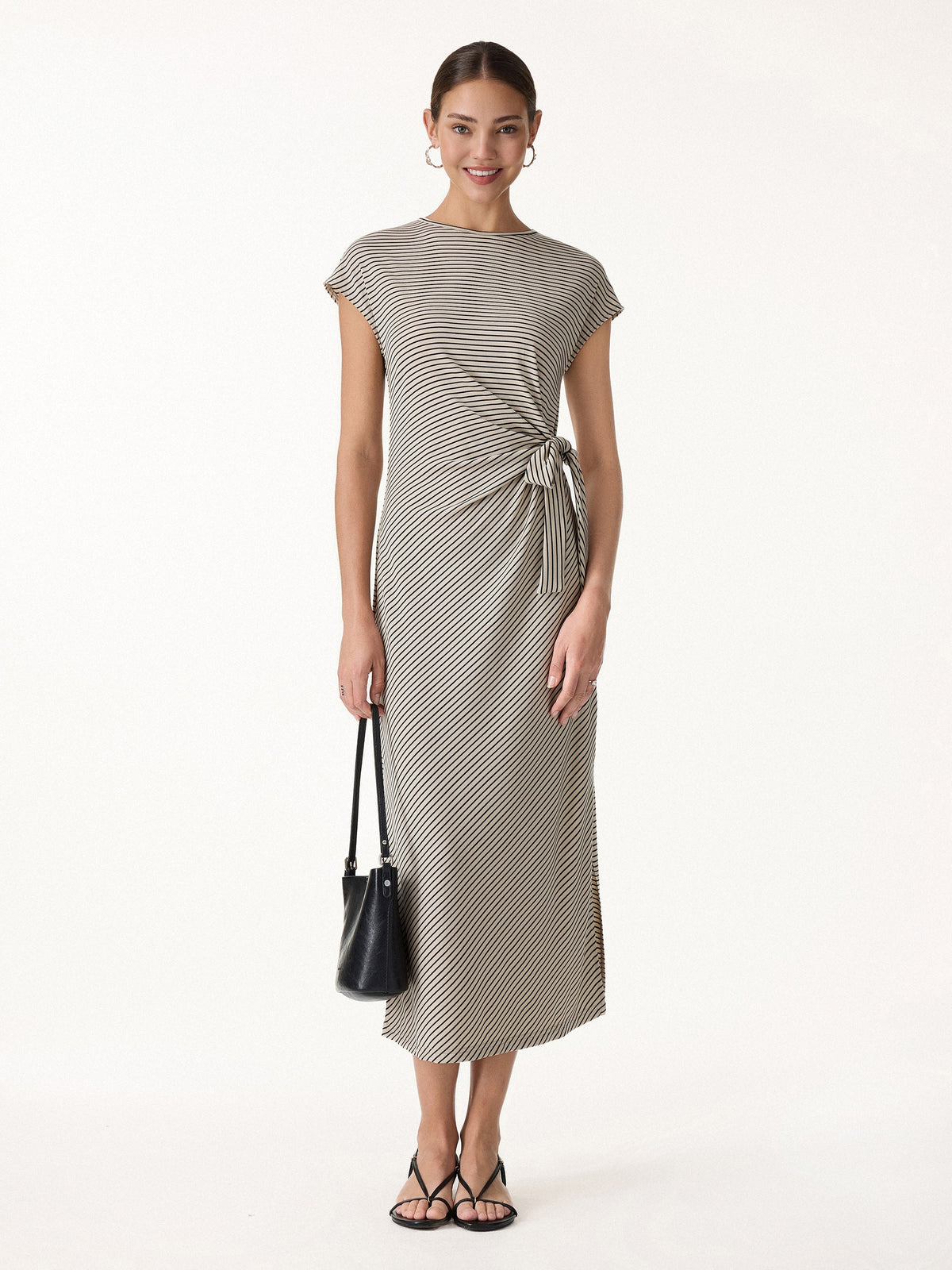 OGLmove Women's Striped Relaxed Midi Dress with Self-Tie