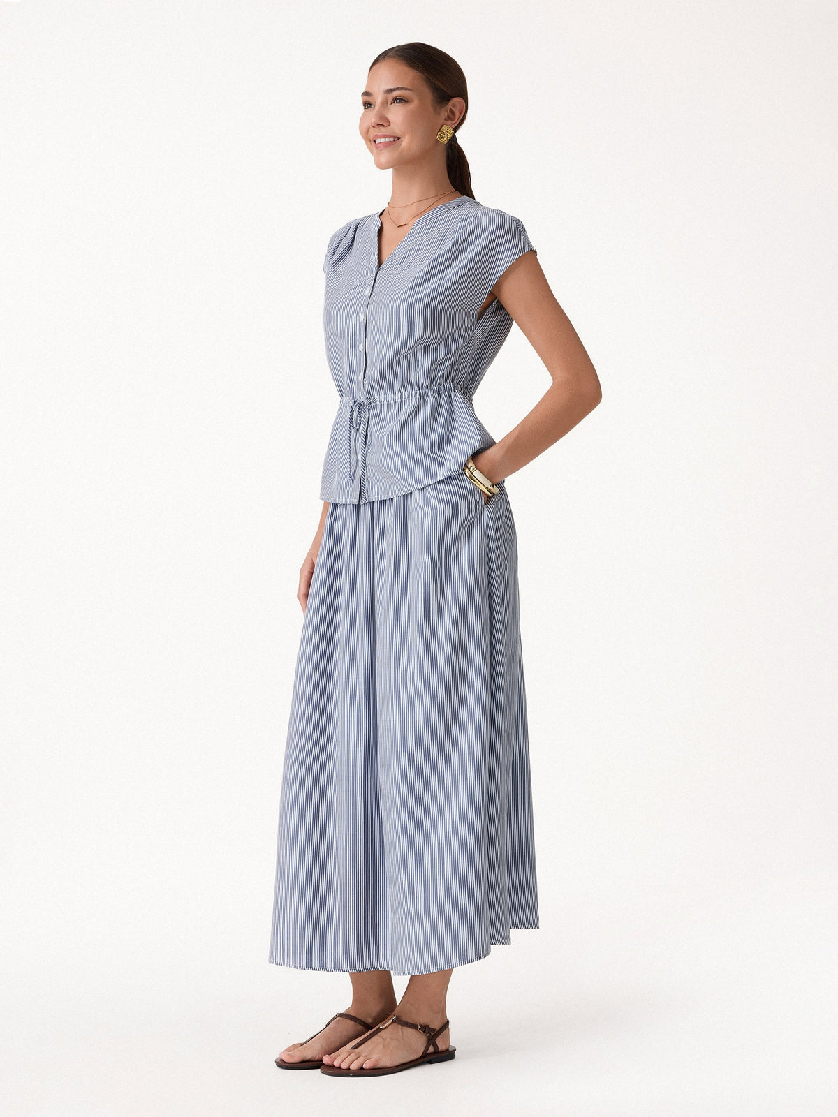 OGLmove Women's Drawstring Waist Poplin Shirt & High Rise Midi Skirt Set with Pockets