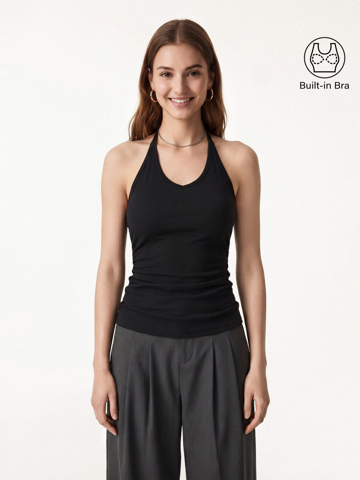 OGLmove Women's Modal Halter Neck Open Back Ruched Bra Top
