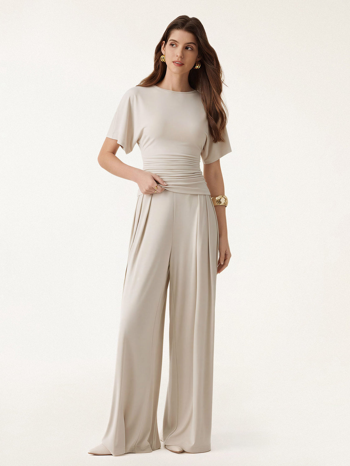 OGLmove Women's Boatneck Batwing Sleeve Top & Wide Leg Palazzo Pant Set with Pockets