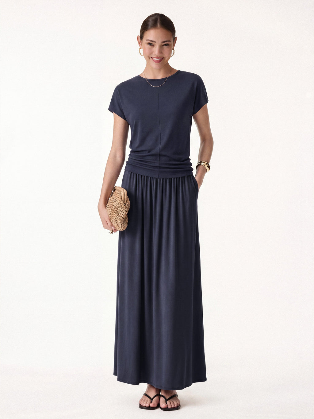 OGLmove Women's Round Neck Top & A-Line Maxi Skirt Set with Pockets