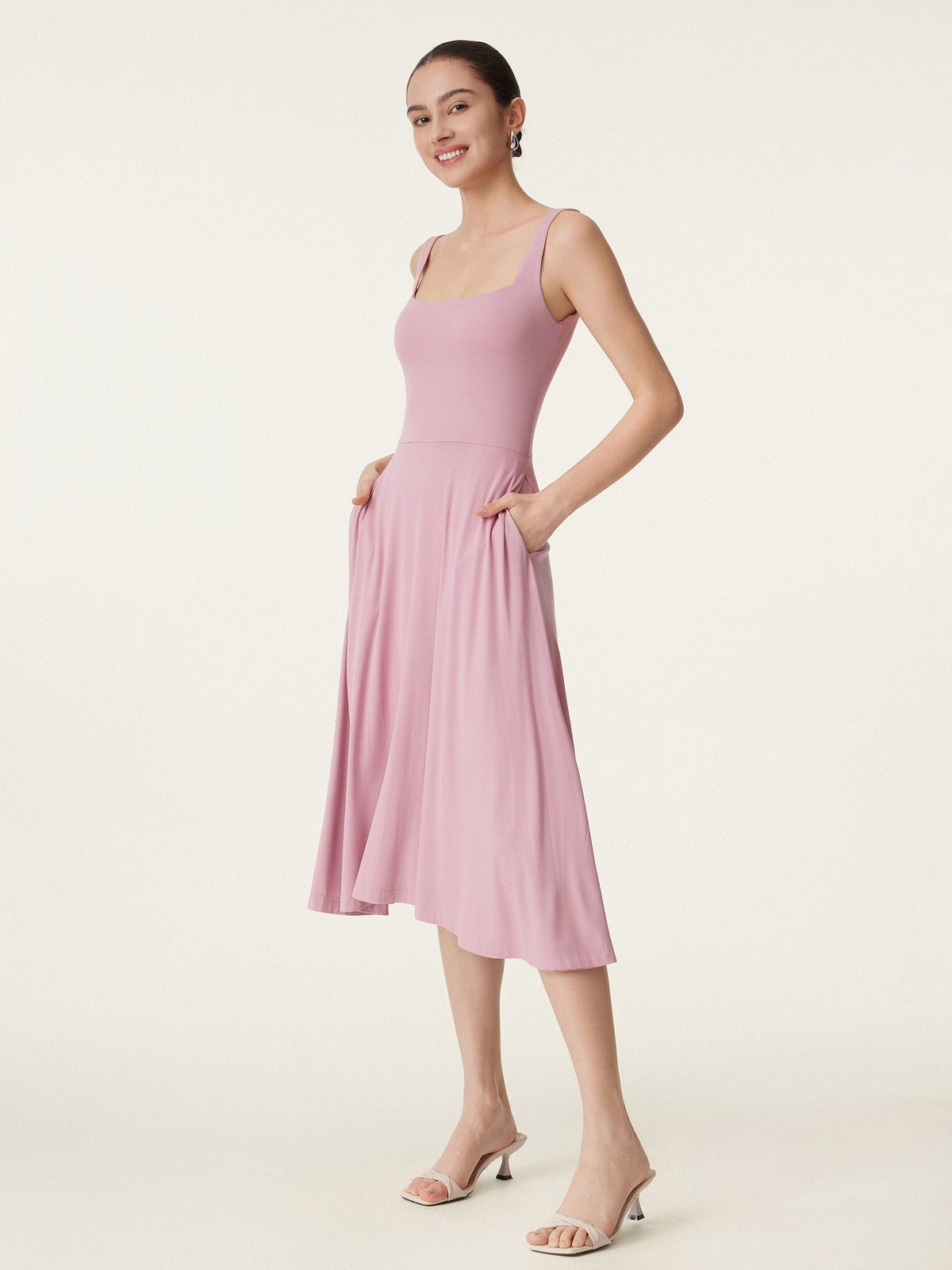 OGLmove Women's Square Neck Flowy New Airy Bra Midi Dress