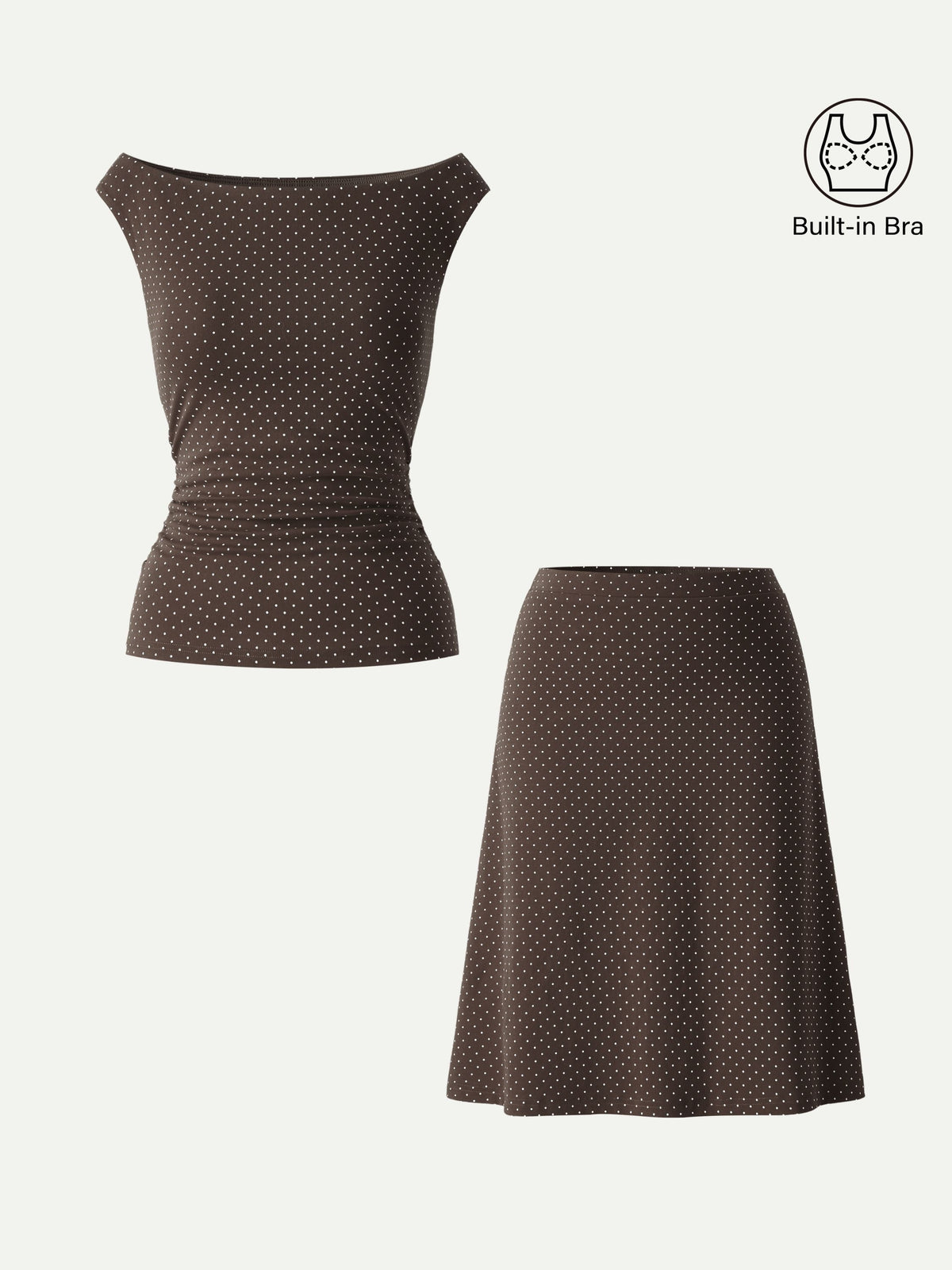 OGLmove Women's Polka Dot Boatneck Bra Top & A-Line Flare Skirt Set