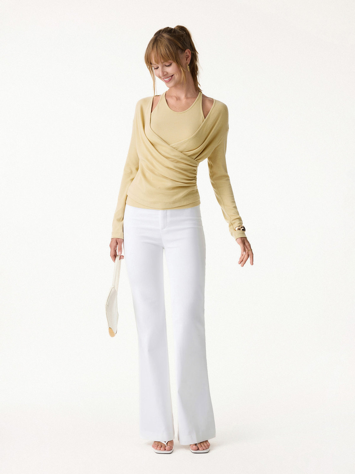 OGLmove Women's Eco-MiYaMoon Cashmere Blend Long Sleeve Surplice Ruched Cami Top