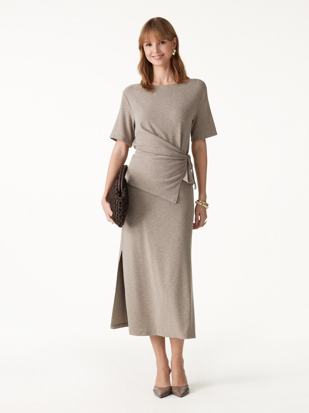 OGLmove Women's Short Sleeve Tie-Side Top & Side-Slit A-Line Midi Skirt Set