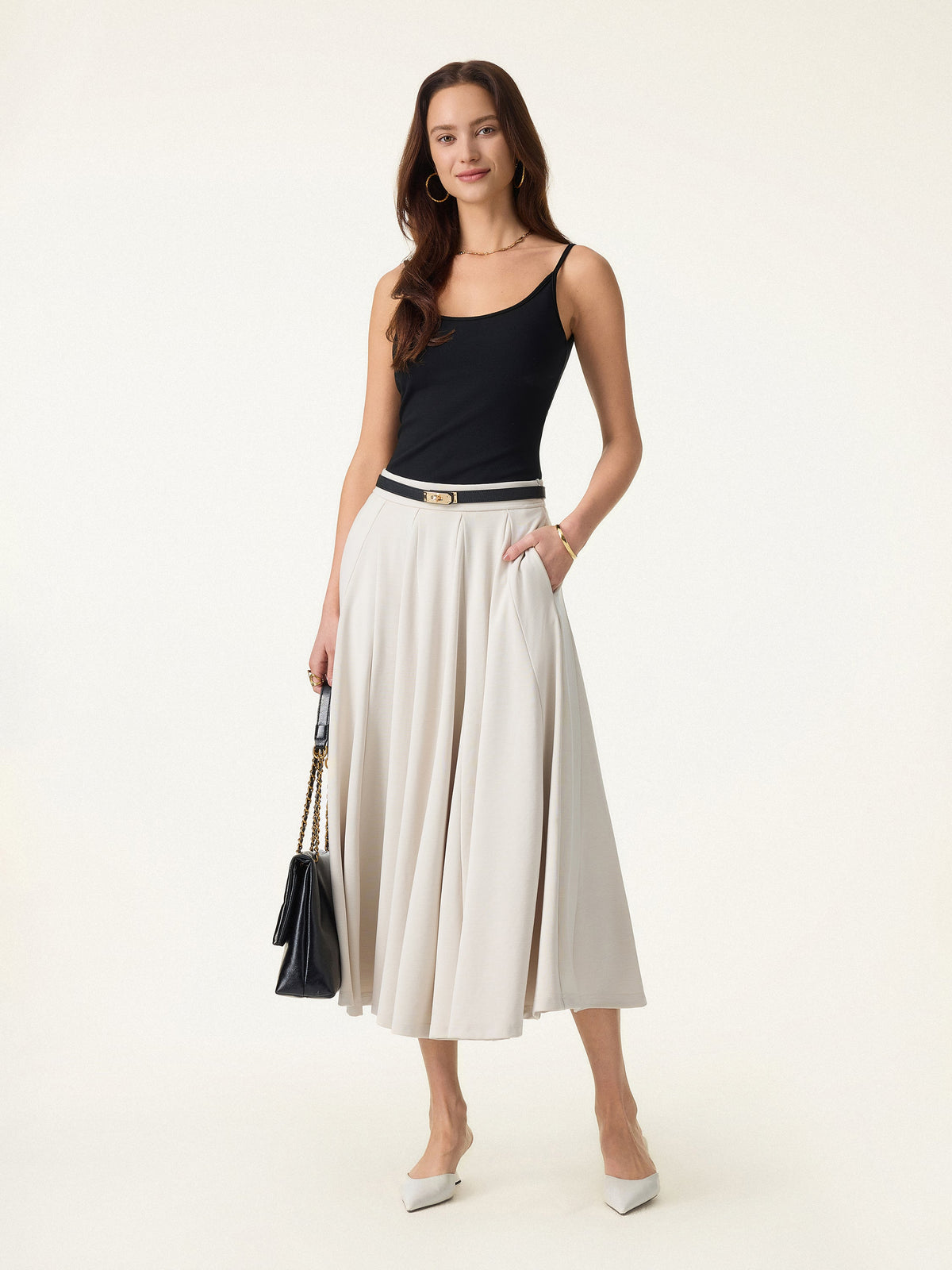 OGLmove Women's Lyocell Blend Volume Midi Skirt with Pockets