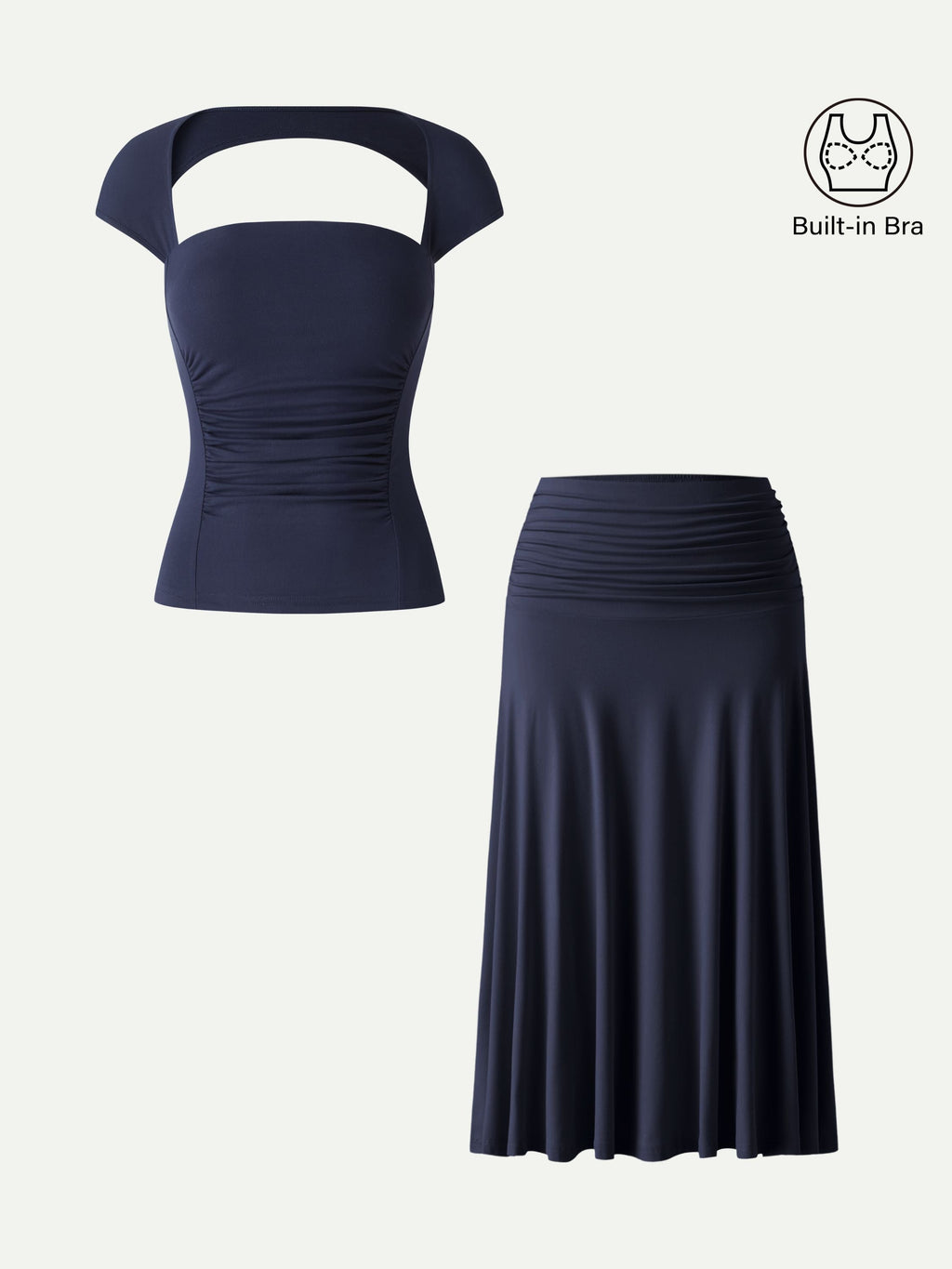 OGLmove Women's Square Neck Cutout Back Bra Top & A-Line Midi Skirt Set