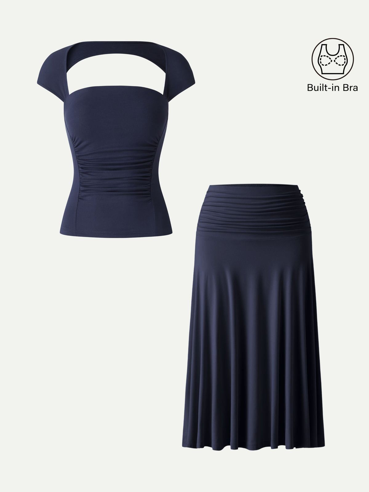 OGLmove Women's Square Neck Cutout Back Bra Top & A-Line Midi Skirt Set