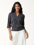 OGLmove Women's Lyocell Spacer Knit V-Neck Elbow Sleeve Banded Top