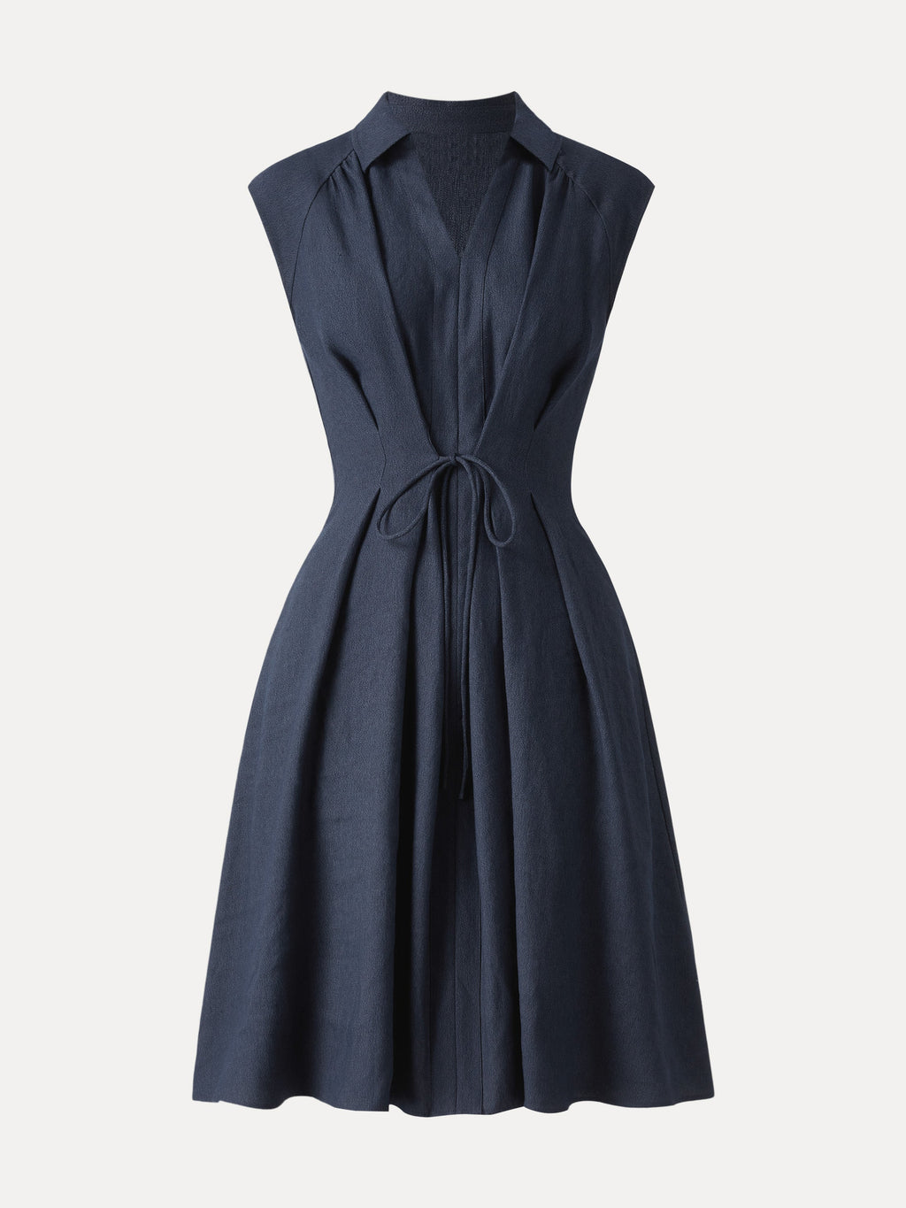 OGLmove Women's Viscose-Linen Collared V-Neck Midi Dress with Drawstring