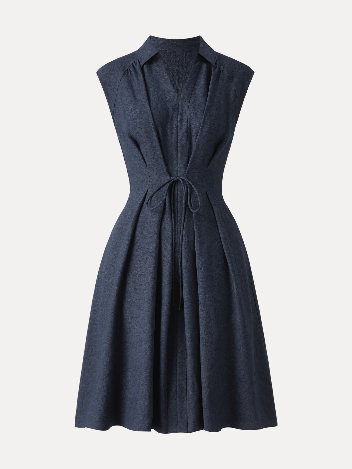 OGLmove Women's Viscose-Linen Collared V-Neck Midi Dress with Drawstring