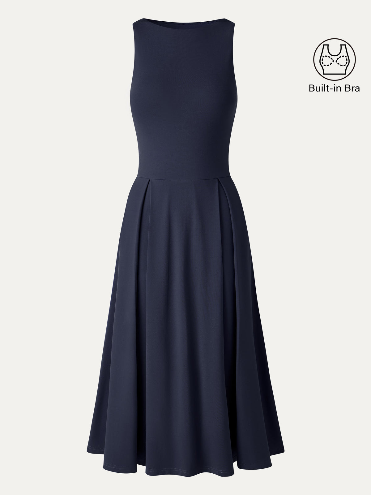 OGLmove Women's Boatneck Pleated Fit-and-Flare Midi Bra Dress with Pockets
