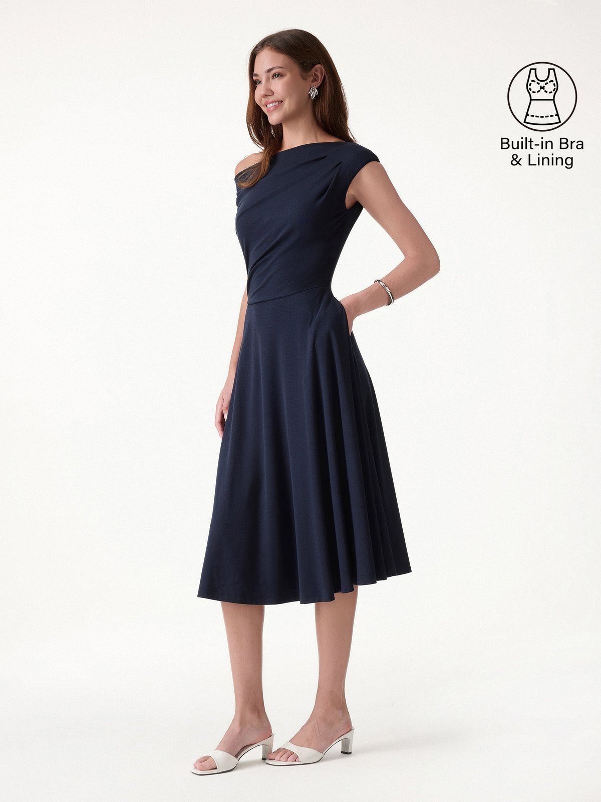 OGLmove Women's Asymmetrical Shoulder Tucked Midi Bra Dress with Pockets