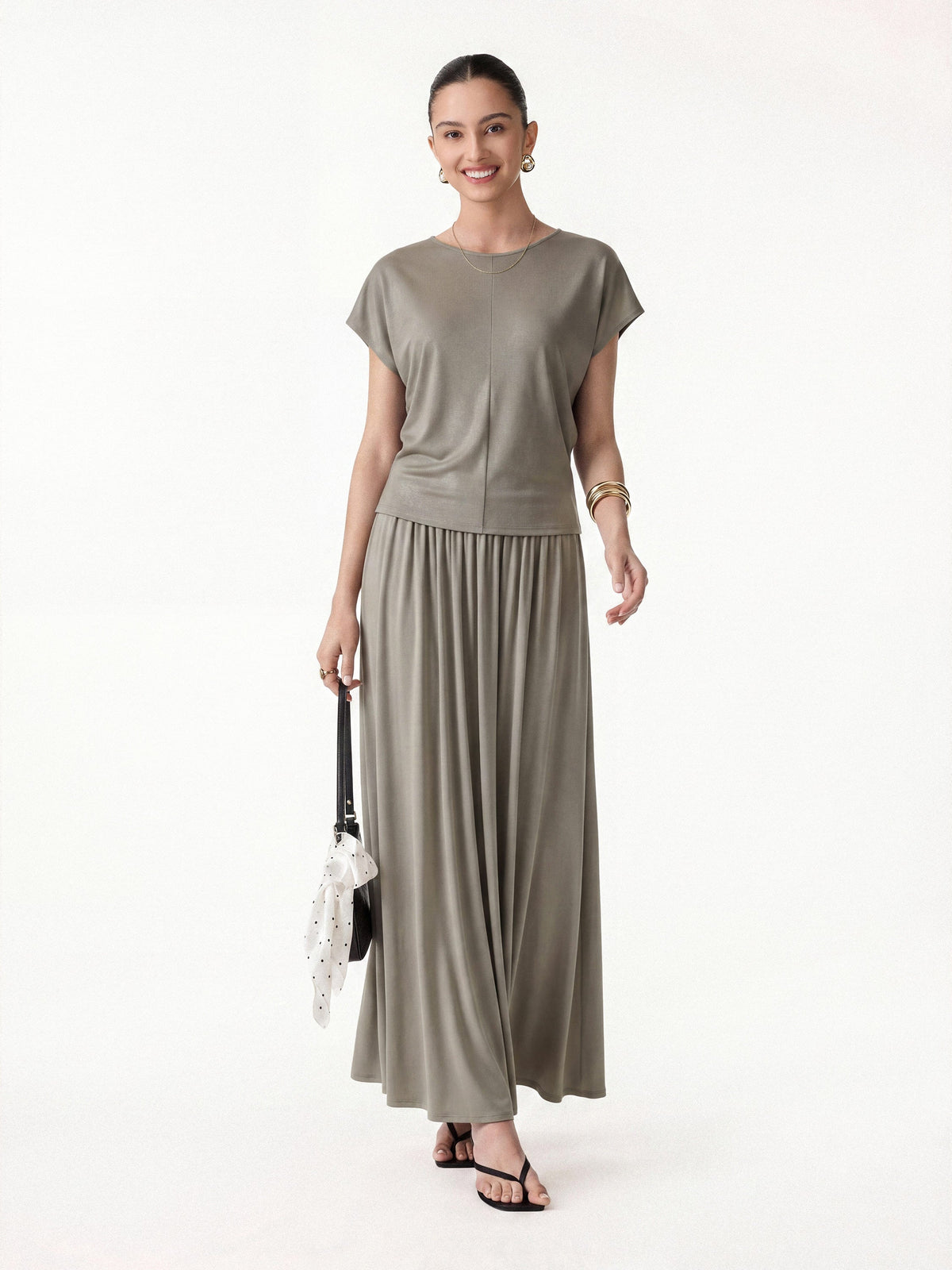 OGLmove Women's Round Neck Top & A-Line Maxi Skirt Set with Pockets