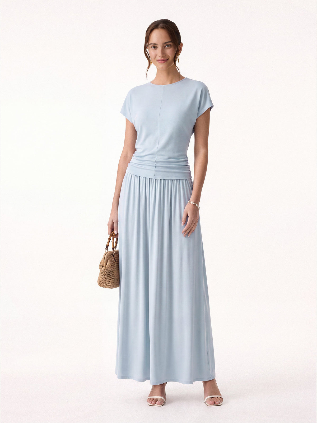 OGLmove Women's Round Neck Top & A-Line Maxi Skirt Set