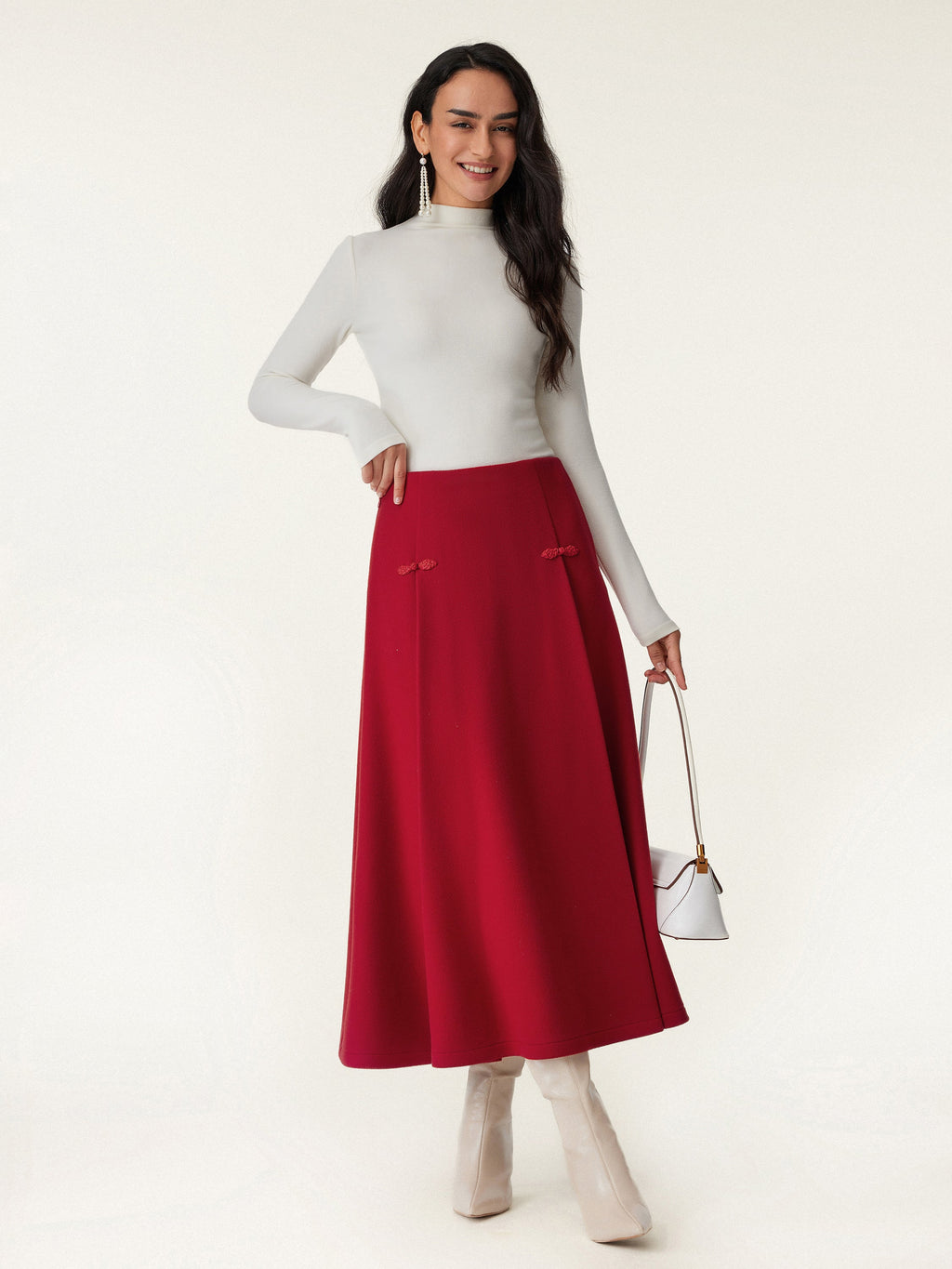OGLmove Women's Wool-like Frog Button A-Line Midi Skirt