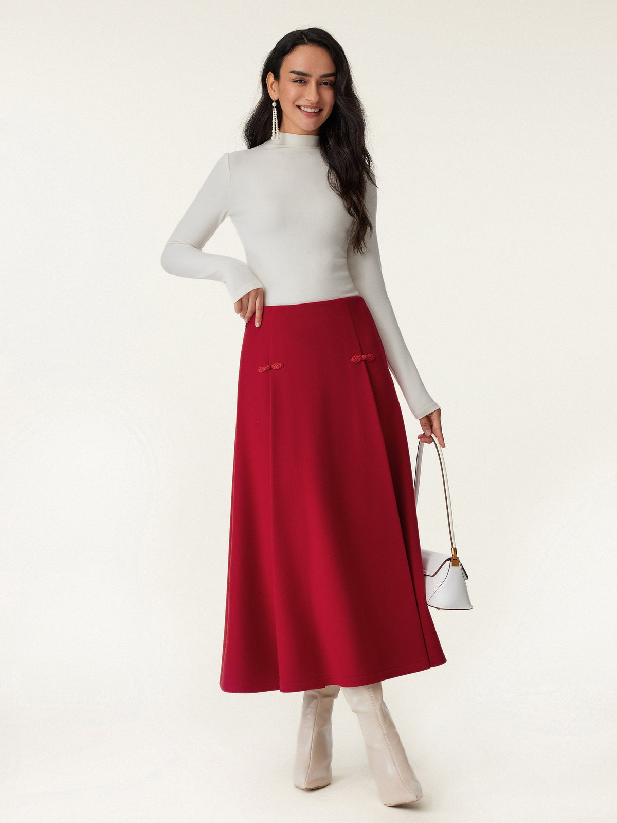 OGLmove Women's Wool-like Frog Button A-Line Midi Skirt