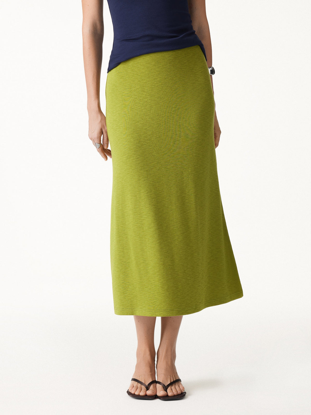 OGLmove Women's Round Neck Elbow Sleeve Bra Top & Side-Slit A-Line Midi Skirt Set