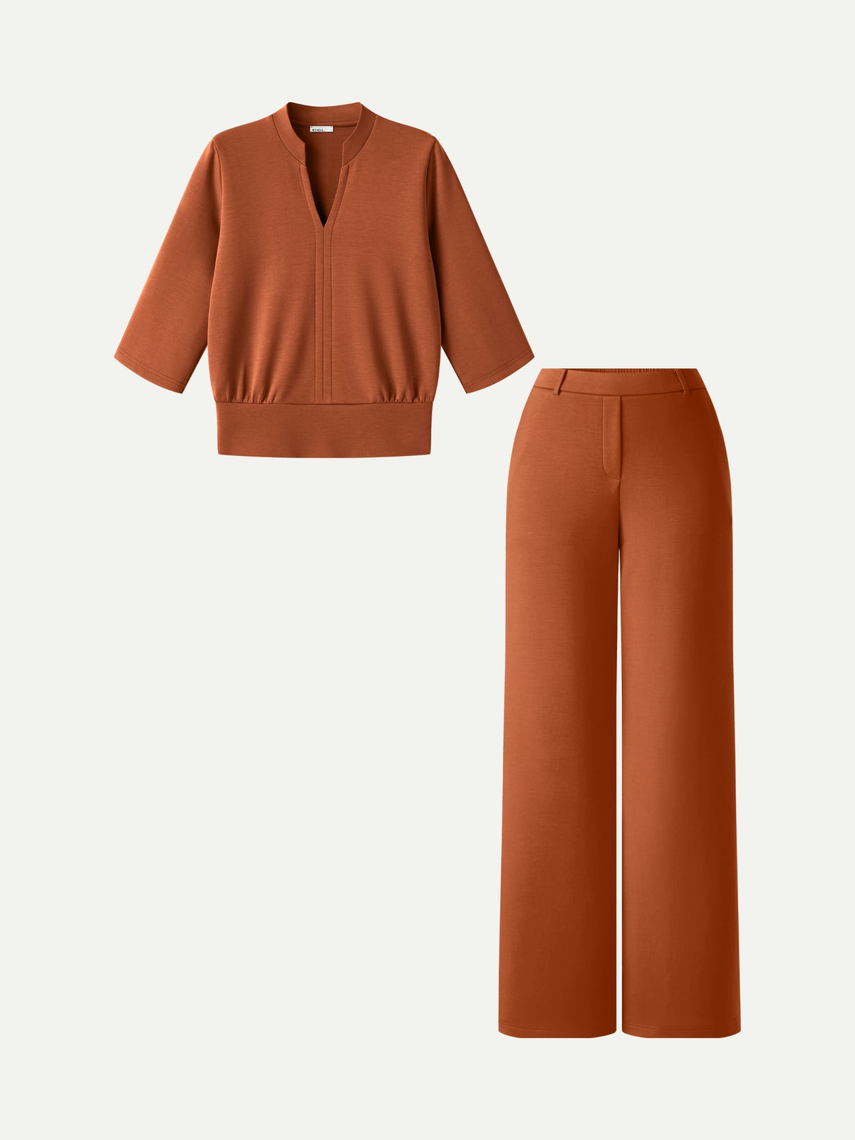 OGLmove Women's V-Neck Elbow Sleeve Top & High-Rise Wide Leg Pants Set with Pockets
