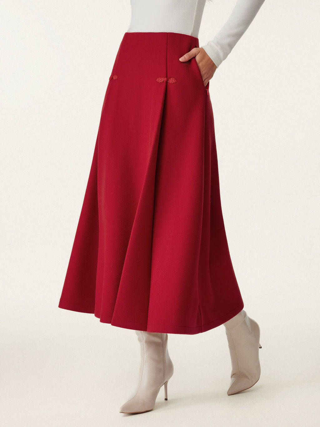 OGLmove Women's Wool-like Frog Button A-Line Midi Skirt