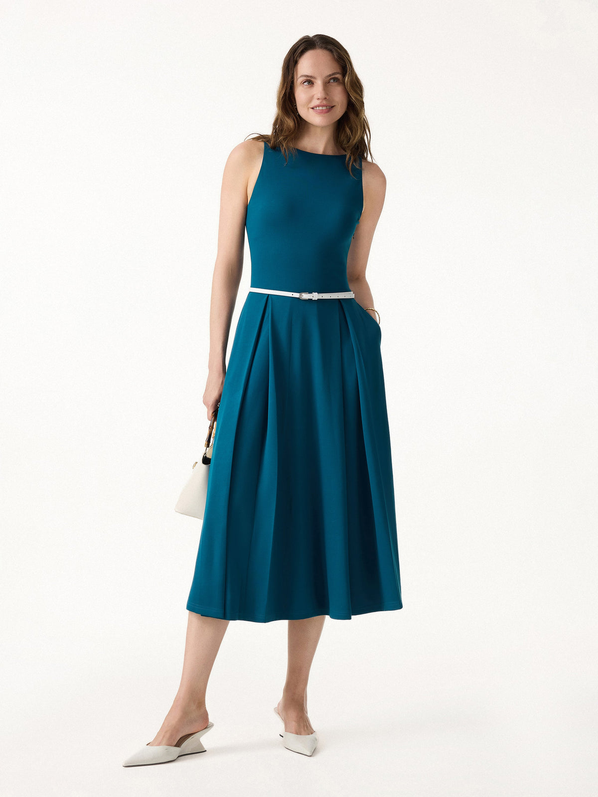 OGLmove Women's Boatneck Pleated Fit-and-Flare Midi Bra Dress with Pockets
