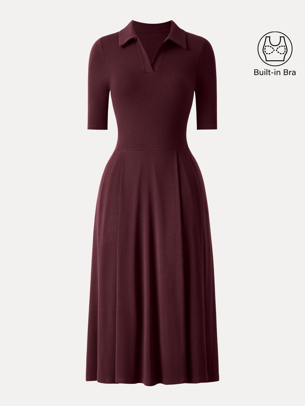 OGLmove Women's Polo Neck Elbow Length Sleeve Midi Bra Dress with Pockets