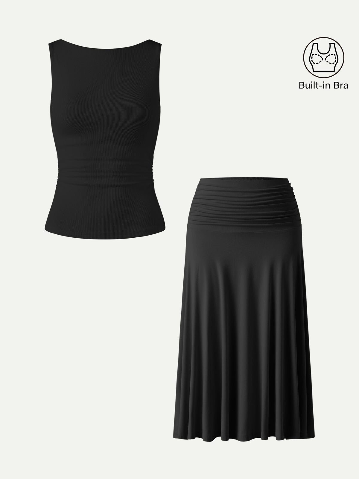 OGLmove Women's Open Back Bra Tank & Side Ruched A-line Midi Skirt Set