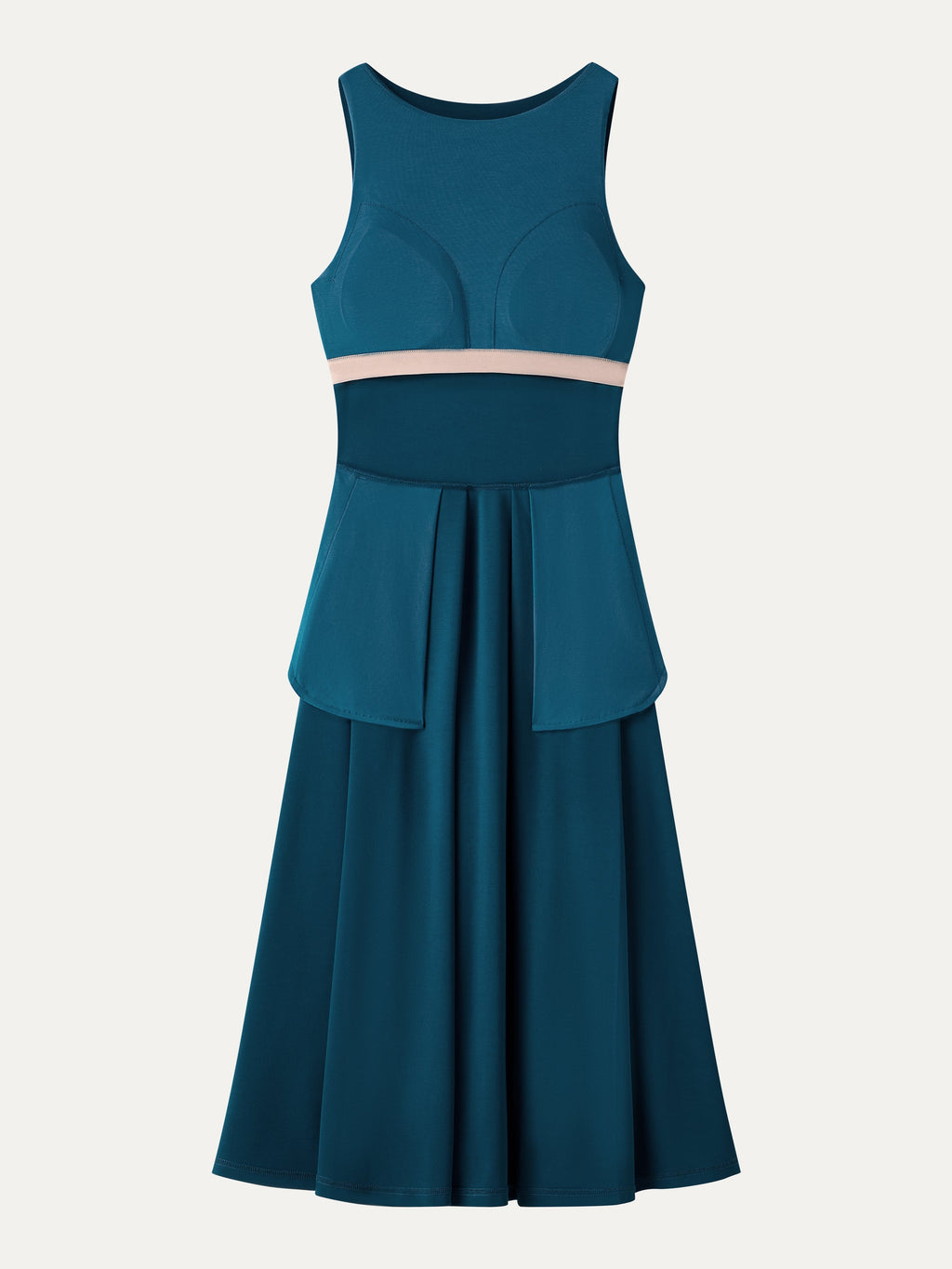 OGLmove Women's Boatneck Pleated Fit-and-Flare Midi Bra Dress with Pockets