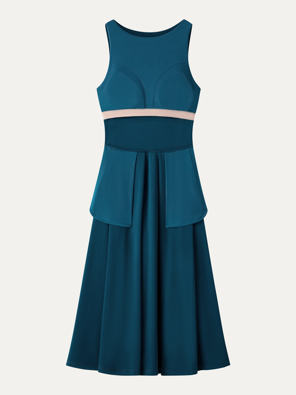 OGLmove Women's Boatneck Pleated Fit-and-Flare Midi Bra Dress with Pockets