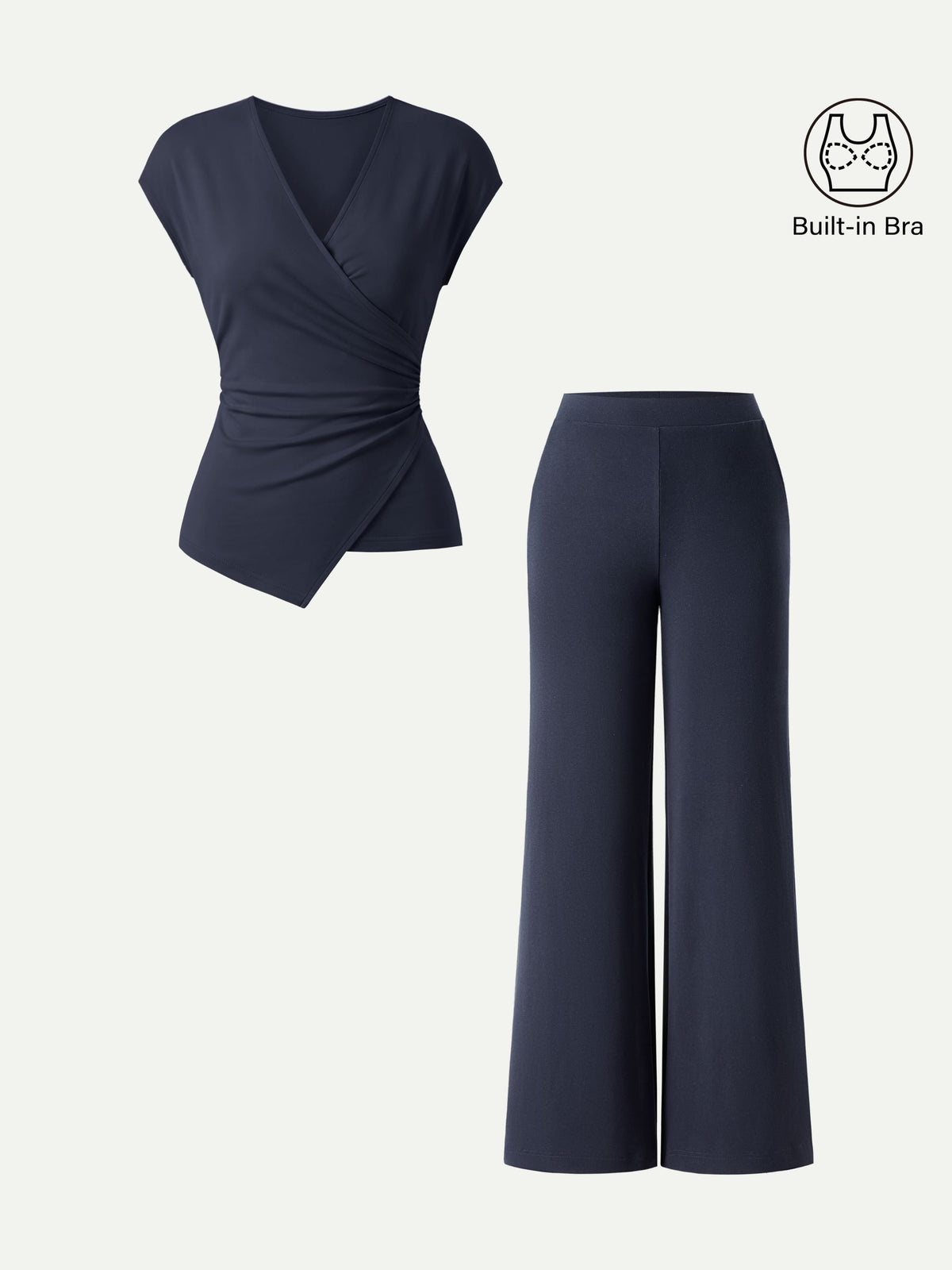 OGLmove Women's Lyocell-Wool Surplice Cap Sleeve Top & Mid-Rise Wide Leg Pants Set with Pockets