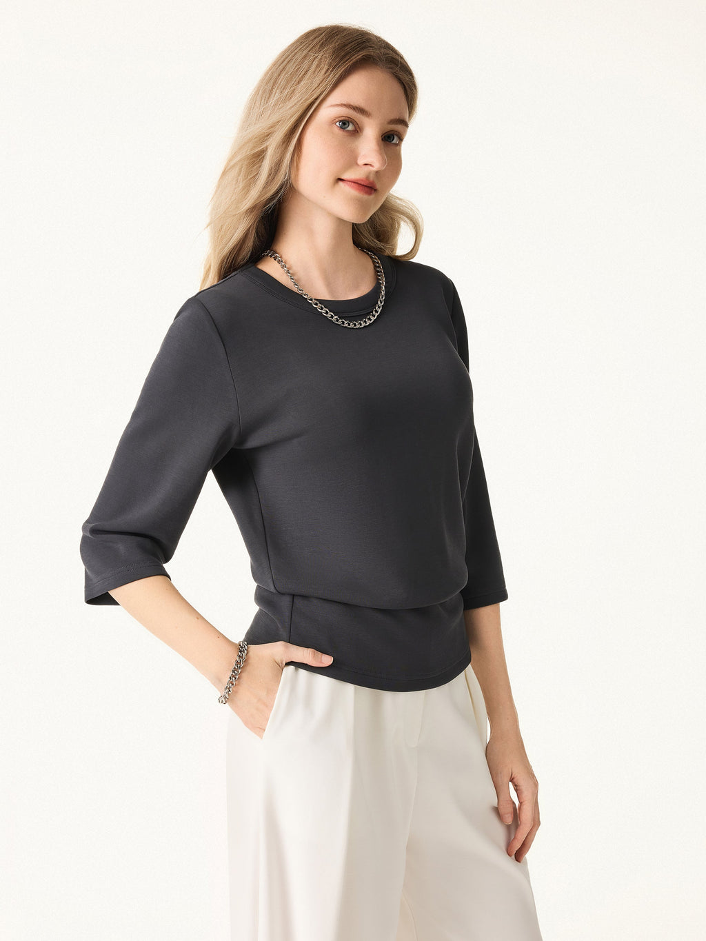 OGLmove Women's Sandwashed Spacer Crewneck 3/4 Sleeve Top