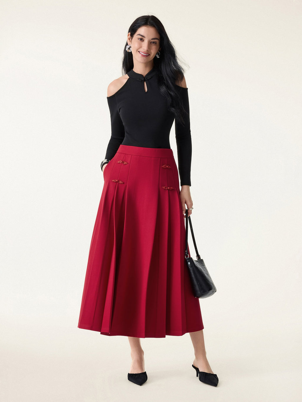 OGLmove Women's Pleated Frog Button Decor Midi A-Line Skirt