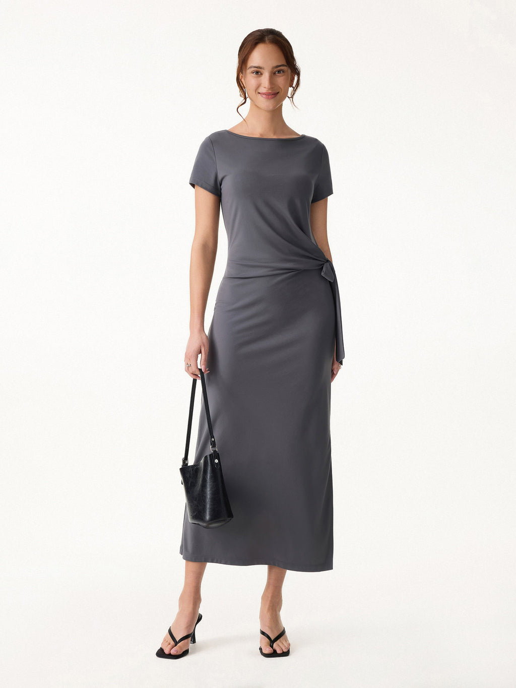 OGLmove Women's Cooling Wrinkle-Resistant Side Waist Tie Midi Dress with Slit