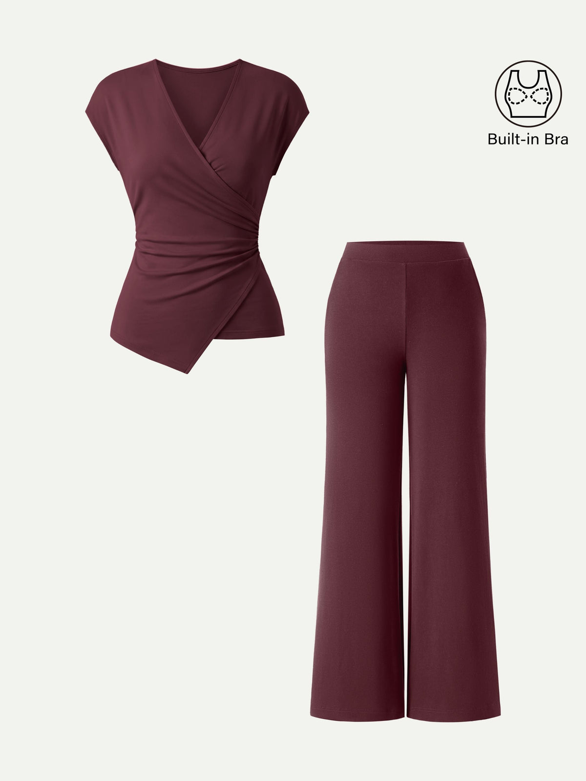 OGLmove Women's Lyocell-Wool Surplice Cap Sleeve Top & Mid-Rise Wide Leg Pants Set with Pockets
