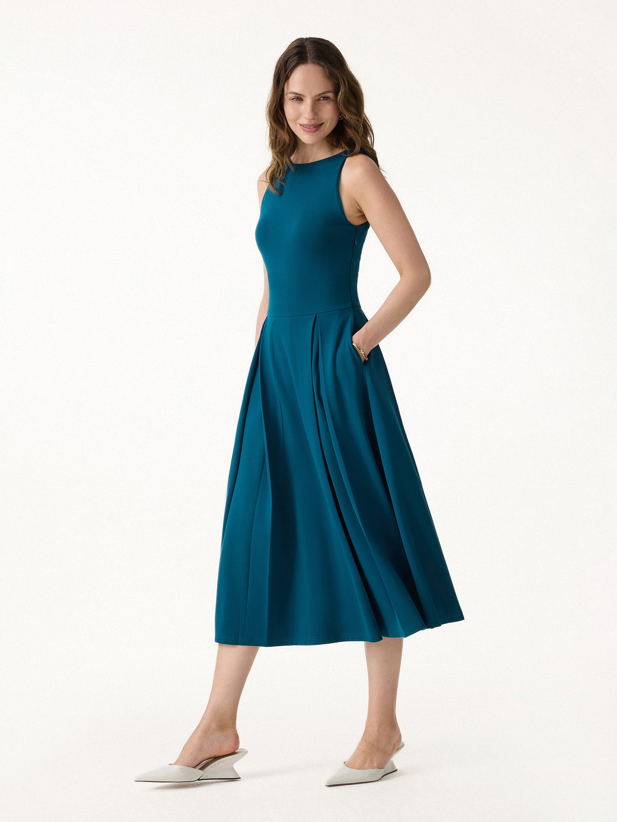 OGLmove Women's Boatneck Pleated Fit-and-Flare Midi Bra Dress with Pockets
