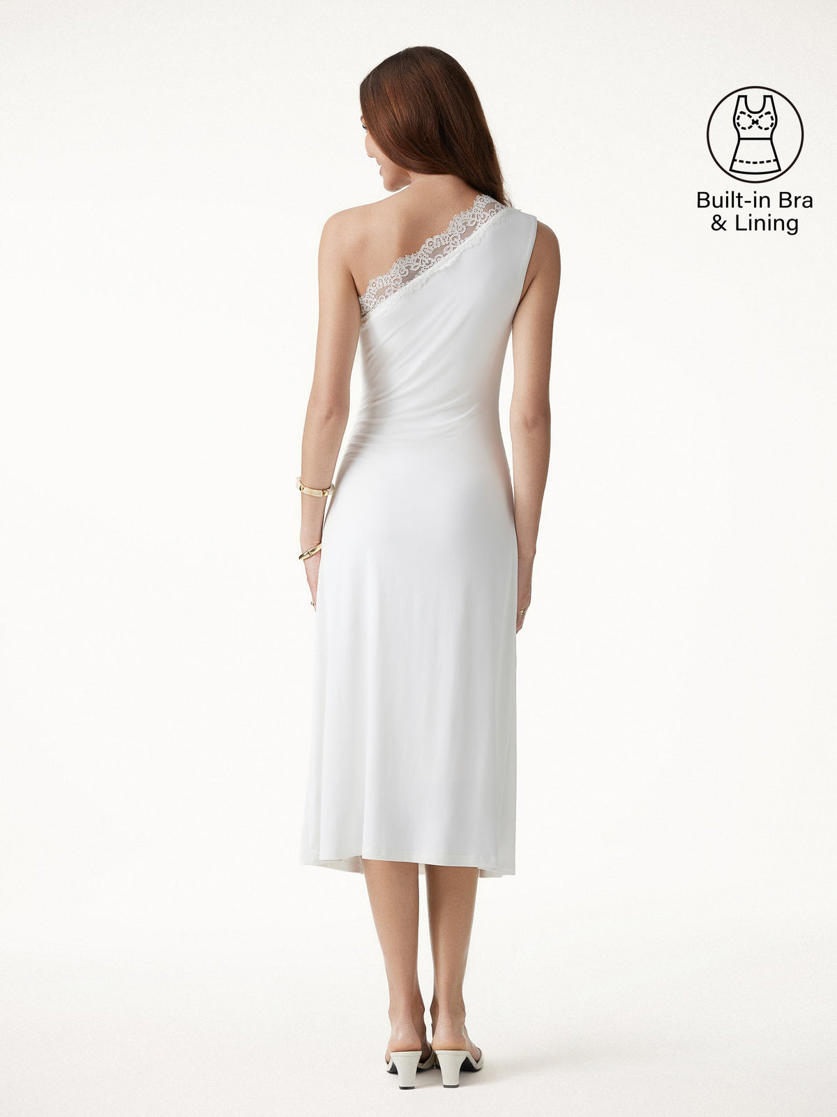 OGLmove Women's Lace Trim One Shoulder Ruched Midi Bra Dress