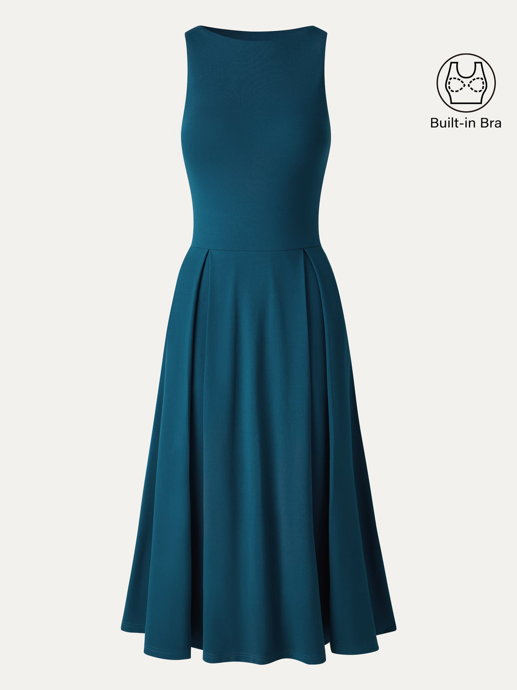 OGLmove Women's Boatneck Pleated Fit-and-Flare Midi Bra Dress with Pockets
