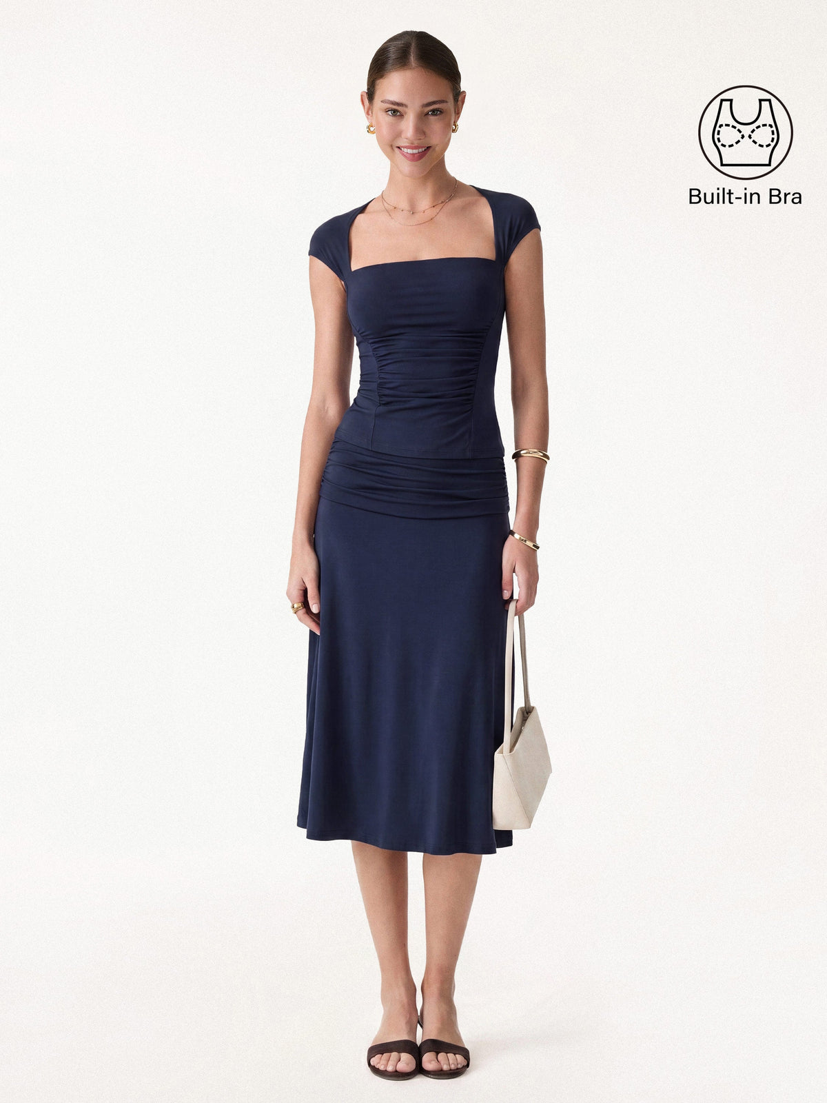 OGLmove Women's Square Neck Cutout Back Bra Top & A-Line Midi Skirt Set