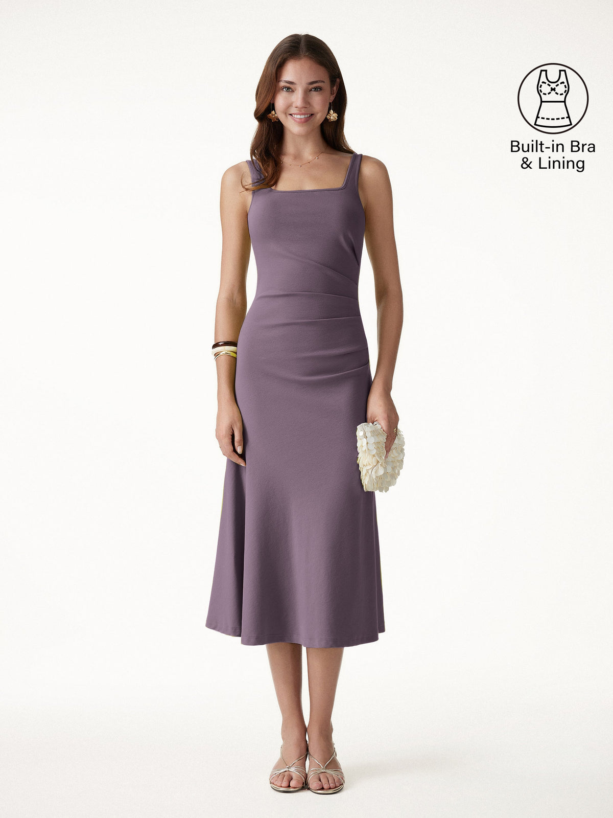 OGLmove Women's Square Neck Tucked Open Back Bra Midi Dress