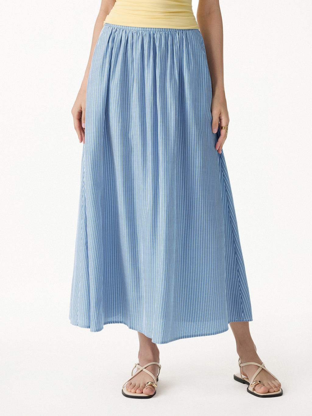 OGLmove Women's Striped Poplin High Rise Umbrella Midi Skirt with Pockets