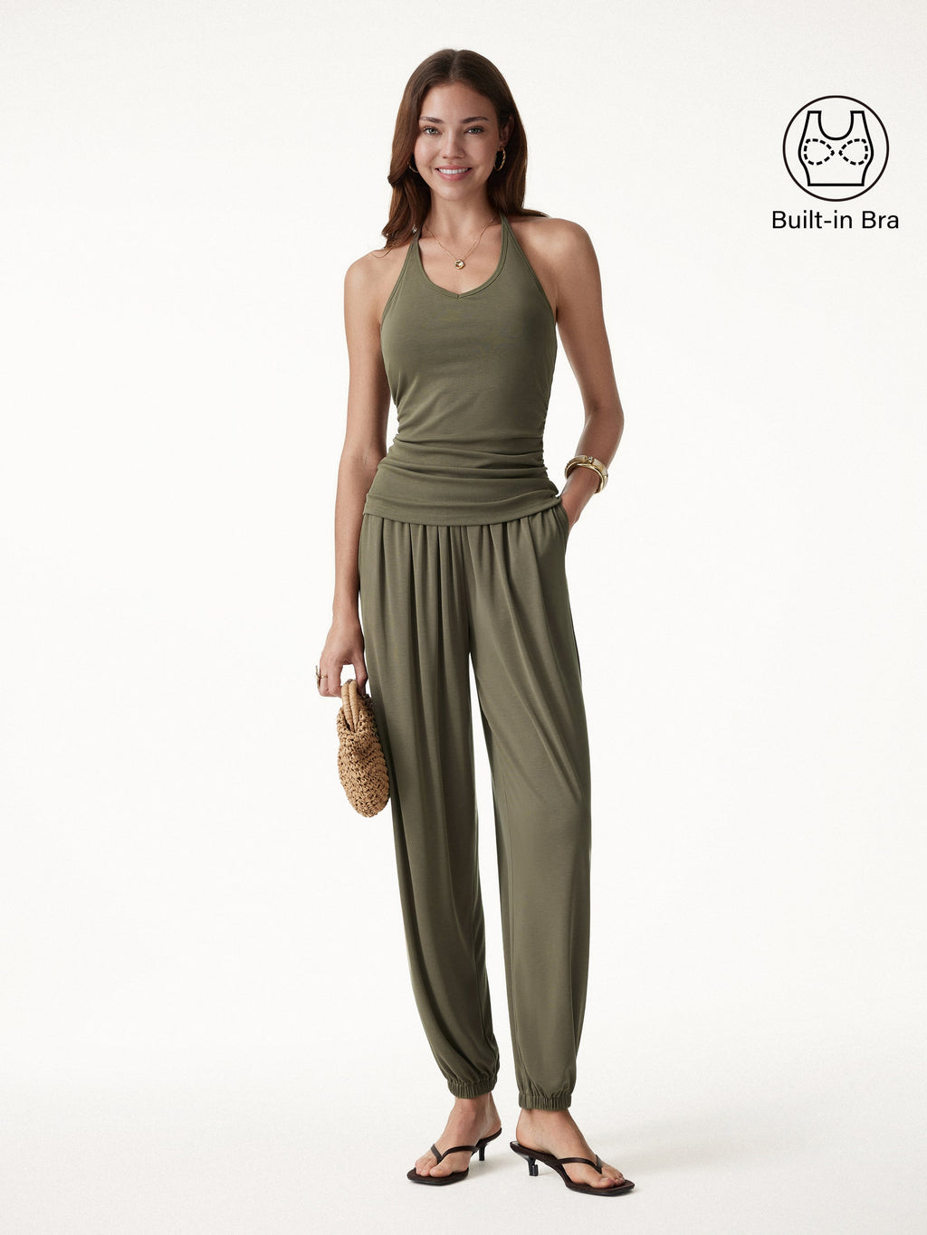 OGLmove Women's Open Back Bra Top & Balloon Pants Set with Pockets