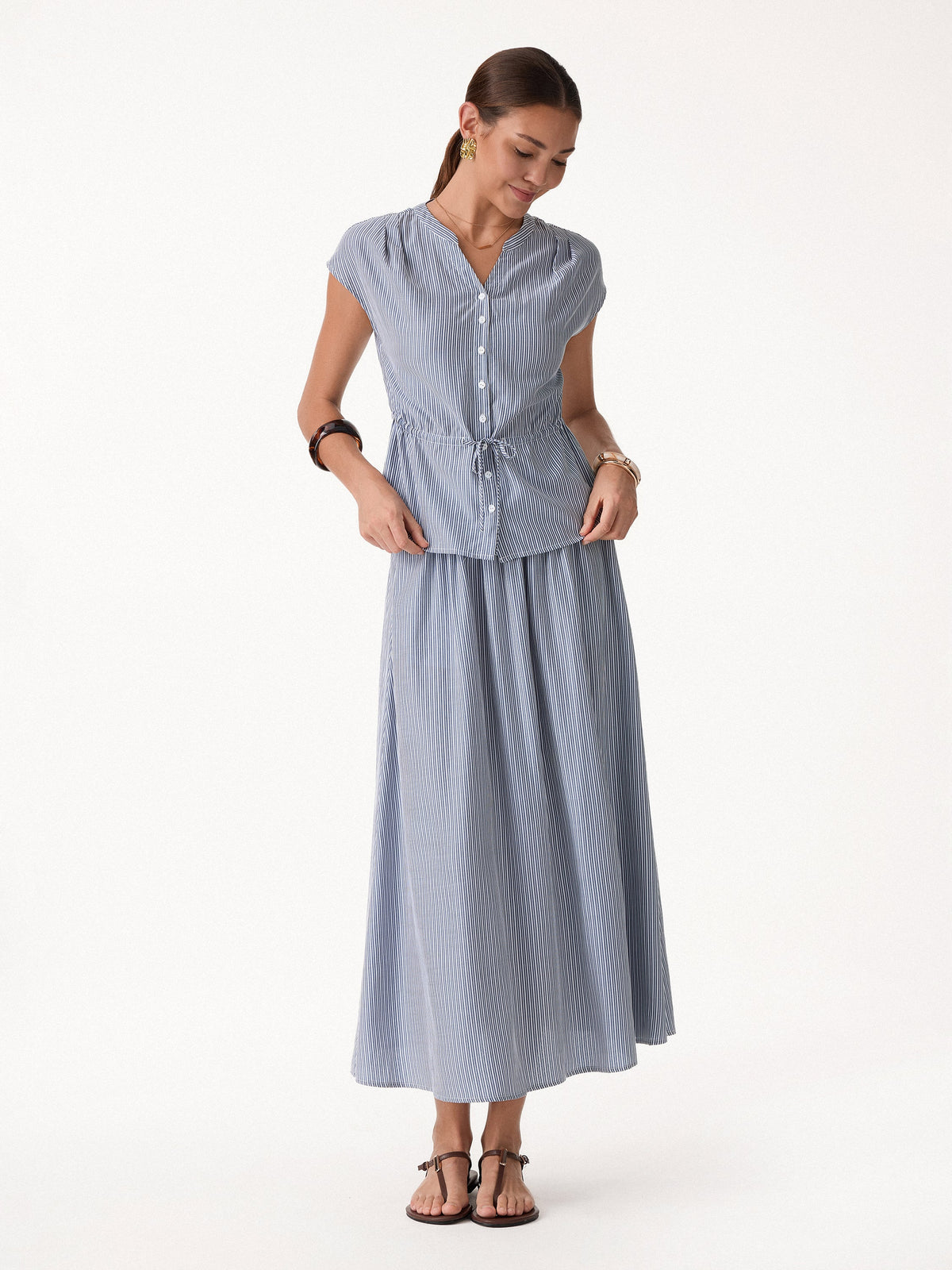 OGLmove Women's Drawstring Waist Poplin Shirt & High Rise Midi Skirt Set with Pockets