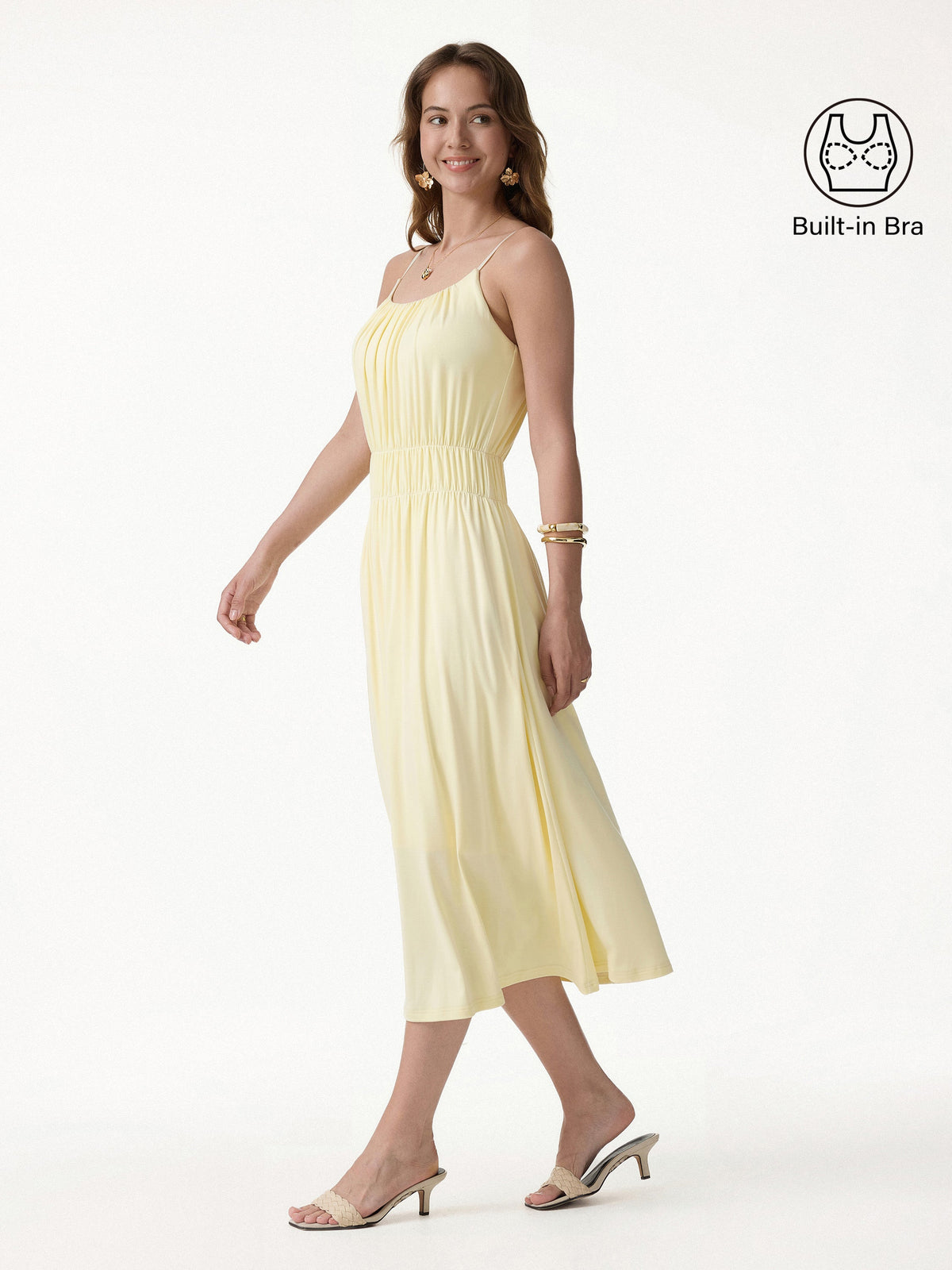 OGLmove Women's Gathered U-Neck Spaghetti Midi Bra Dress with Pockets