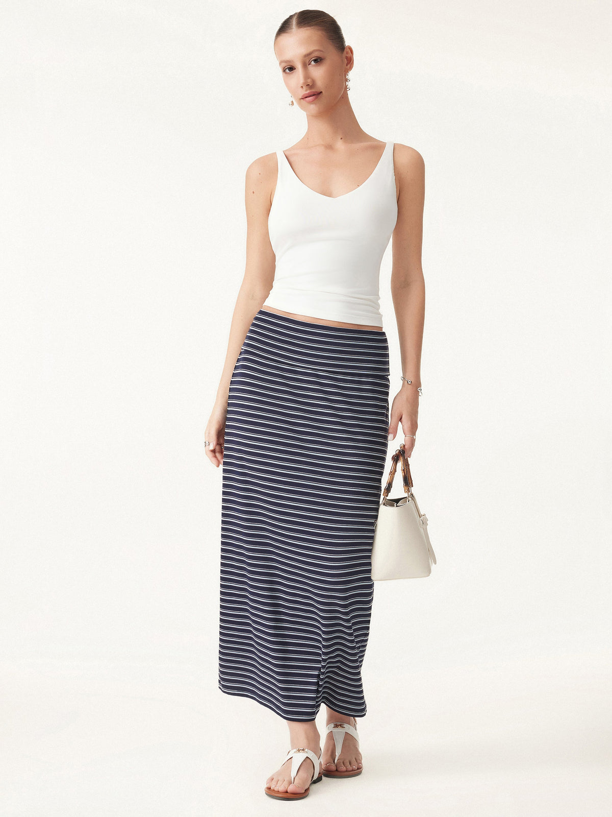 OGLmove Women's Low Rise Folded Waist Striped Midi Skirt