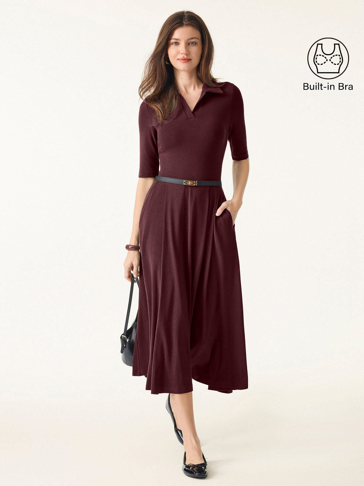 OGLmove Women's Polo Neck Elbow Length Sleeve Midi Bra Dress with Pockets
