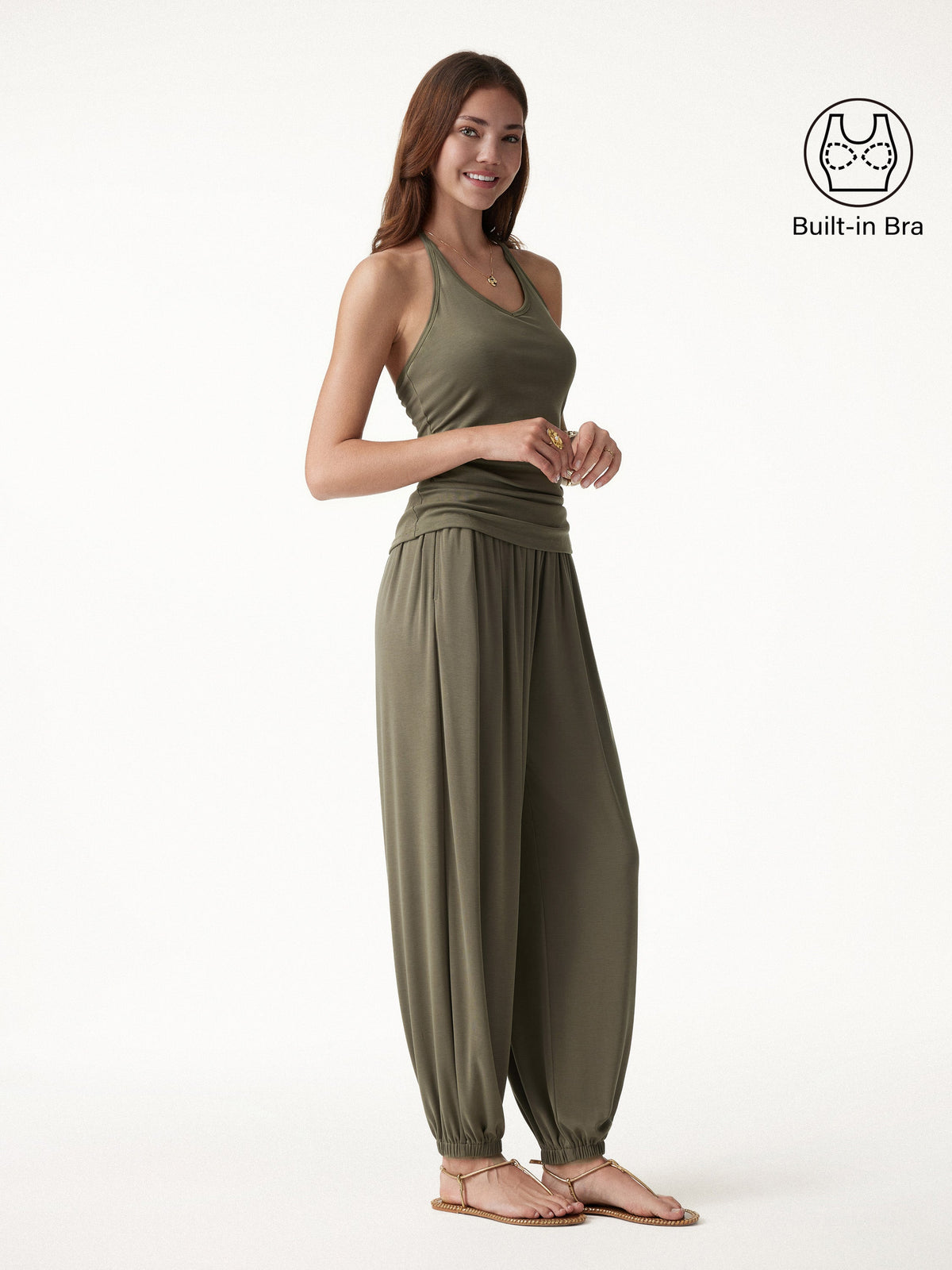OGLmove Women's Open Back Bra Top & Balloon Pants Set with Pockets
