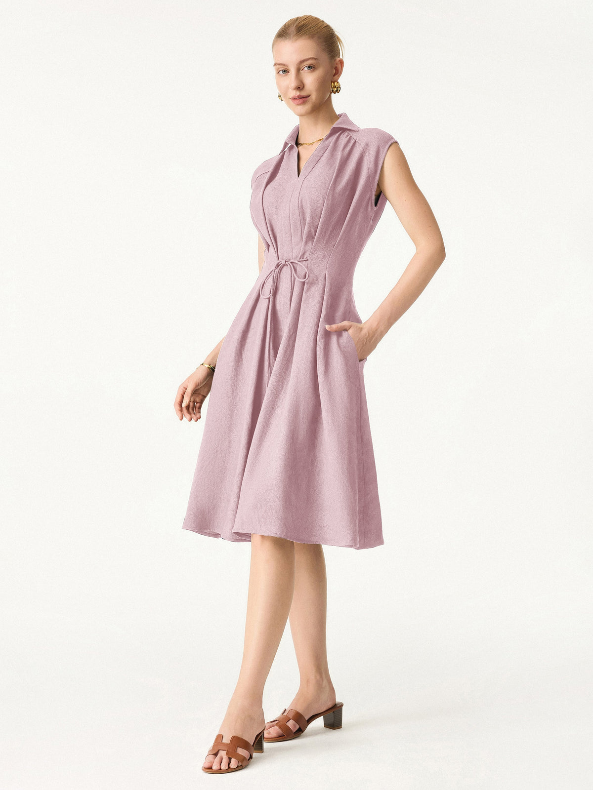 OGLmove Women's Viscose-Linen V-Neck Drawstring Midi Dress