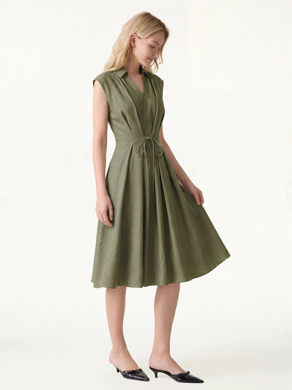 OGLmove Women's Viscose-Linen Collared V-Neck Midi Dress with Drawstring