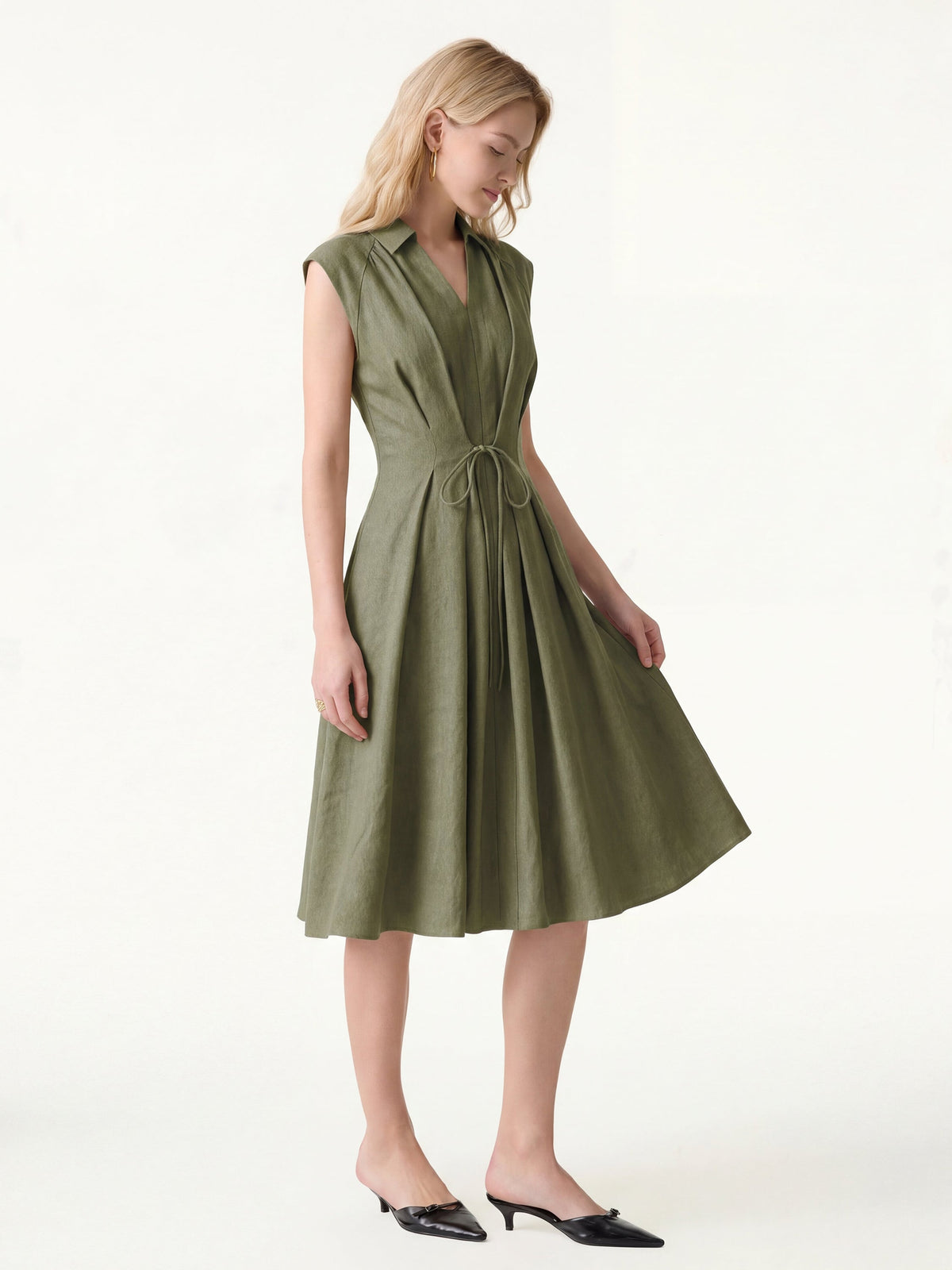 OGLmove Women's Viscose-Linen V-Neck Drawstring Midi Dress